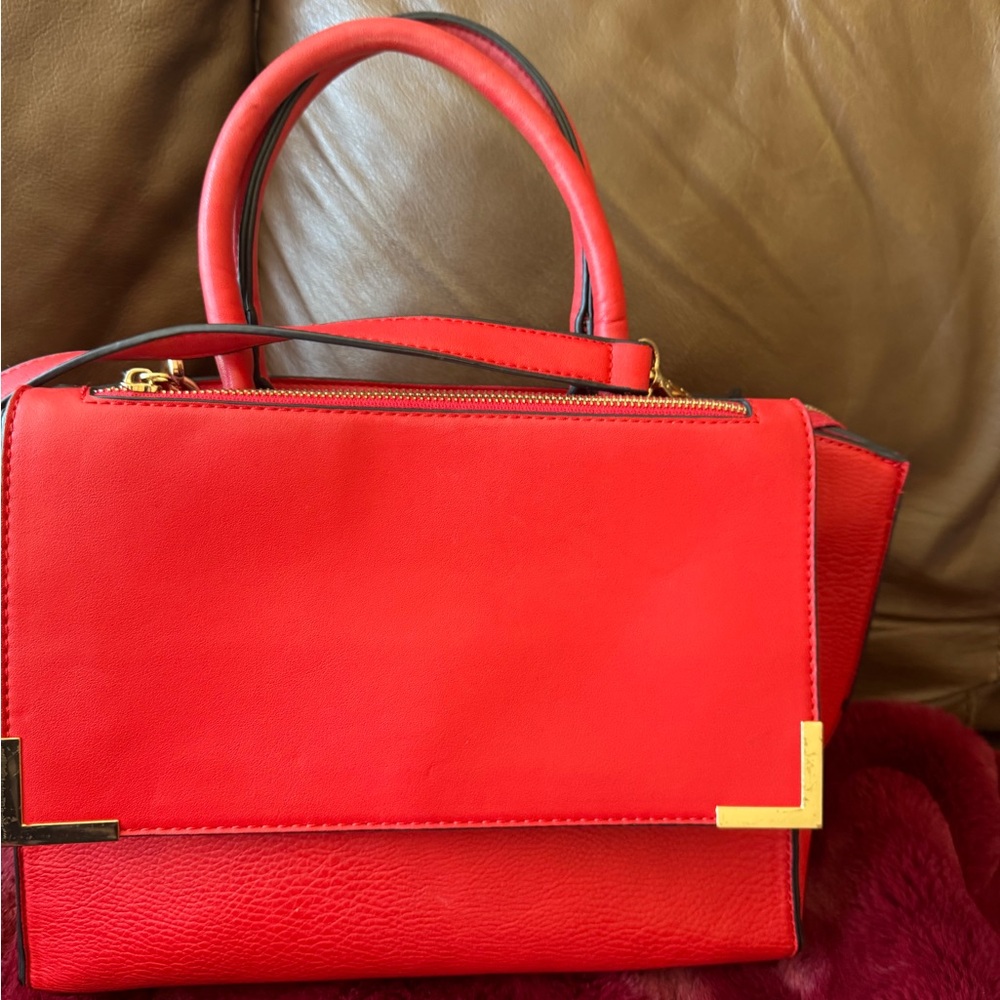 Red Structured Satchel with Gold Hardware